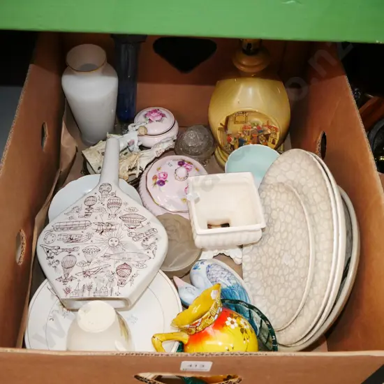 box; Poole plates, lamp base, cups, saucers, vase etc