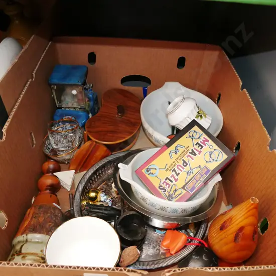 box; mixing bowls, candlesticks, trinket boxes etc