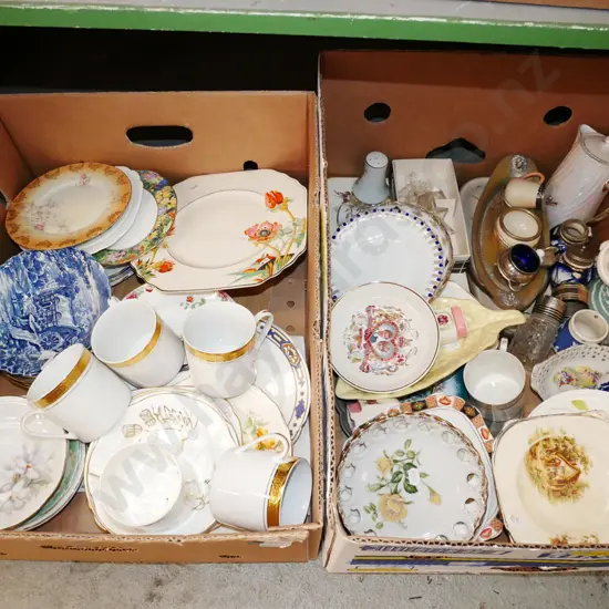 2 boxes; cups, bowls, plated ware etc - blue dots