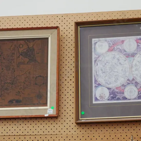 2x framed medieval maps - Staffordshire, The Known World - some discolouration and staining - green dots