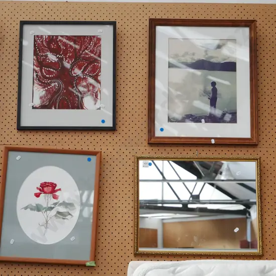 4x artworks - abstract, watercolour, fishing photo, mirror - blue dots