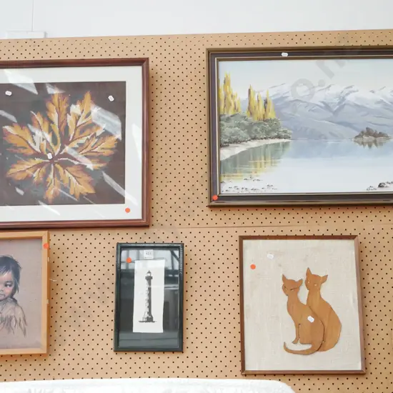 needlework, oil on board, Francis print, light house print, cut-out cat art - red dots