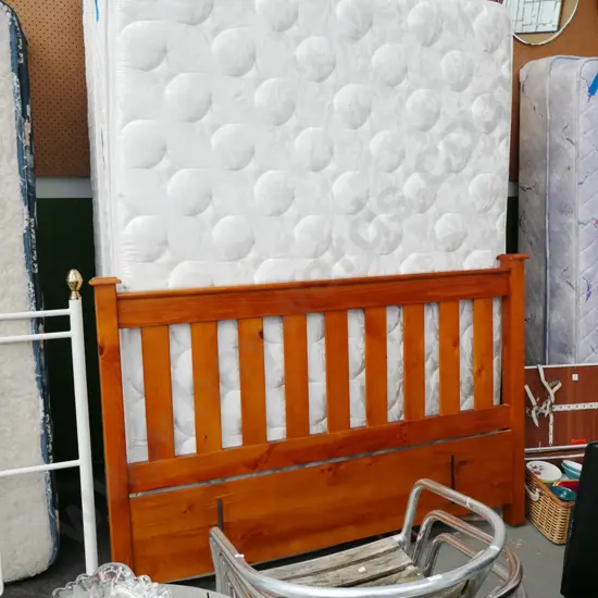 queen bed base, mattress and pine headboard
