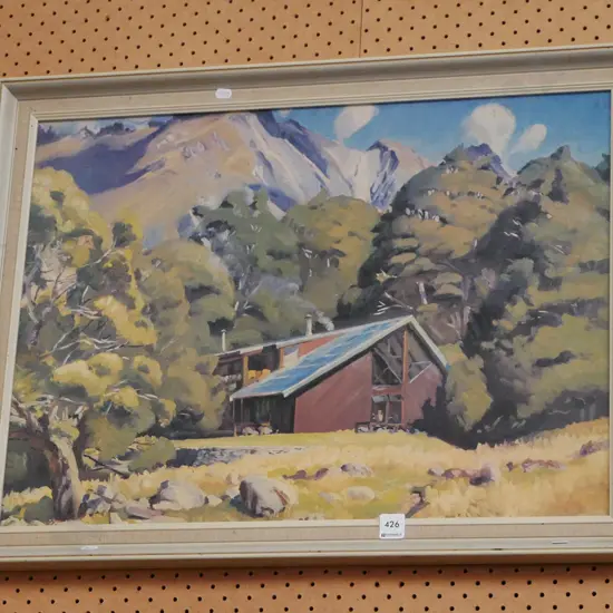 framed oil -  Otago Boys High School lodge in Matukituki Valley