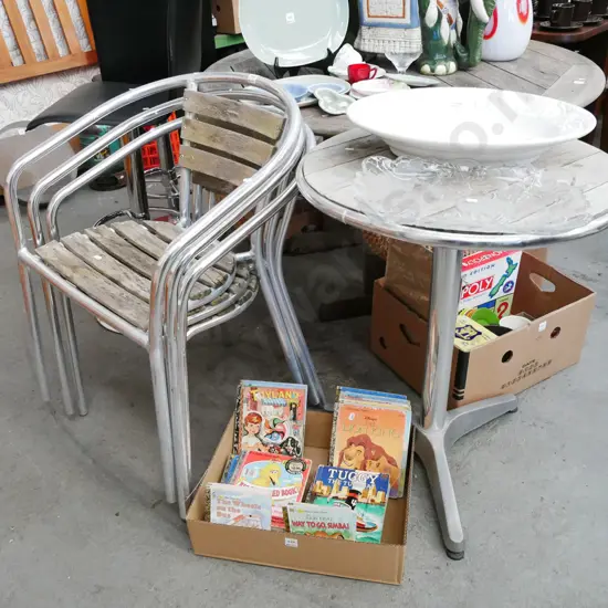 alloy and hardwood outdoor table with 3 matching chairs