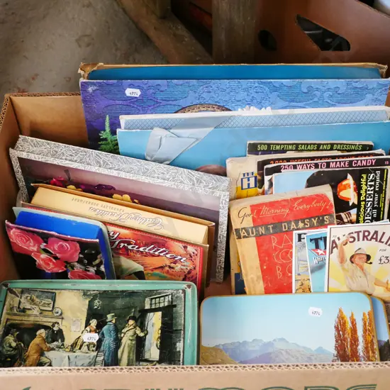 box; books, placemats, chocolate boxes etc