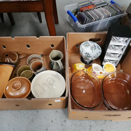 2x boxes; baking dishes, mixing bowls, creamer, sugar  etc - orange dots