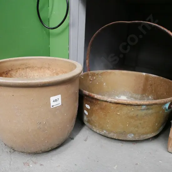 rusty copper jam pan, garden planter