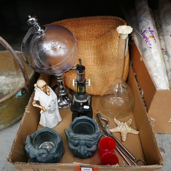 box; globe drinks dispenser, microscope, tea candle lights etc