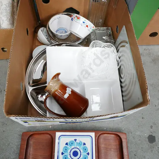 box; serving trays, water jug, bowls etc