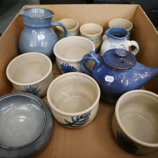 box; pottery  teapot, jugs, bowls, cups