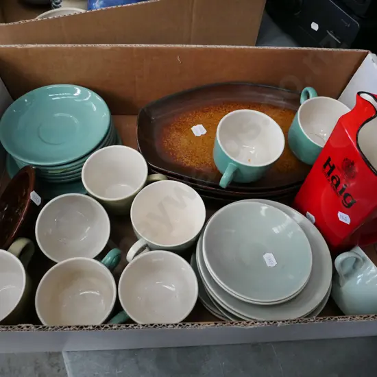 Crown Lynn cups, saucers, whisky jug etc