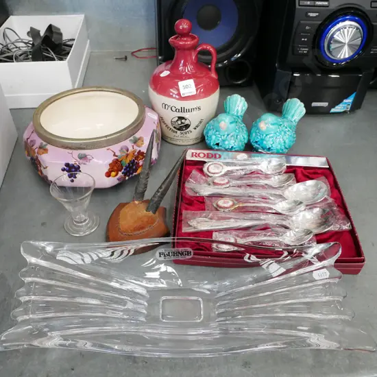 plated rimmed bowl, bird figurines, Japanese crystal vase etc