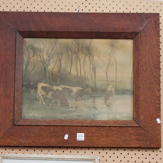 oak framed oil on canvas - cattle in stream