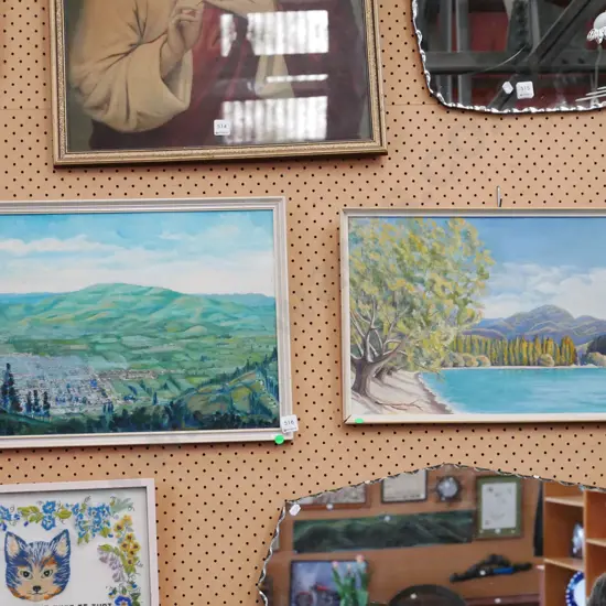 2x framed oils - landscapes - green dots