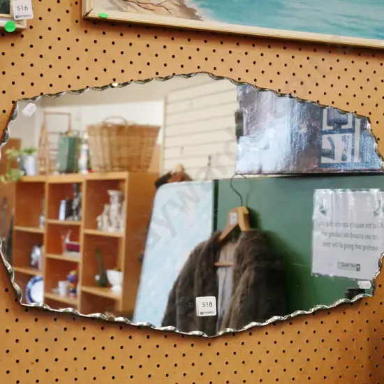 scalloped edge wall mirror - some silvering and rusting to chain