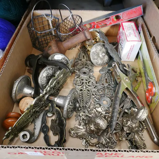 box; ornate door hardware, scissors etc