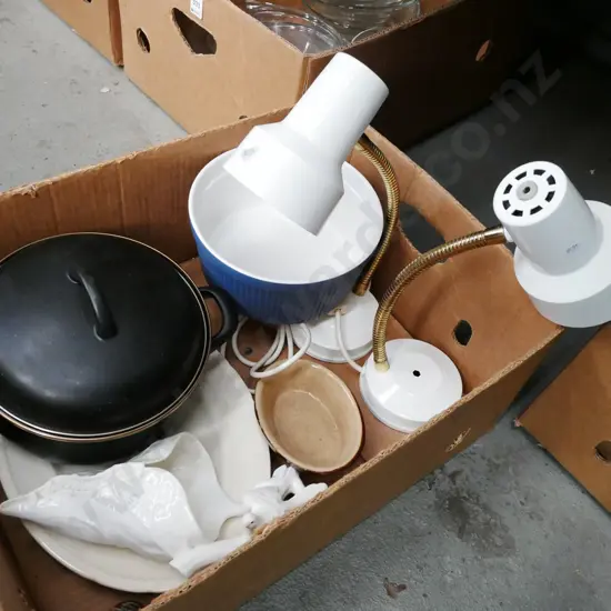 box; lidded casserole, bedside lamps, wall pocket vase etc