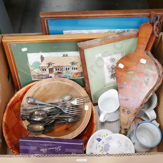 box; needleworks, restorer's  bellows, cutlery etc