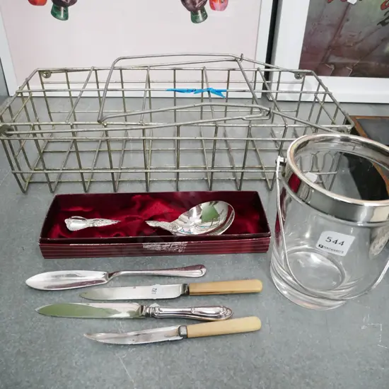 Rodd serving spoon, ice bucket, cutlery, wire milk bottle crate