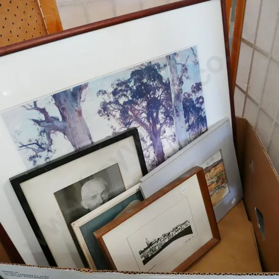 box of framed tiles, prints, photograph