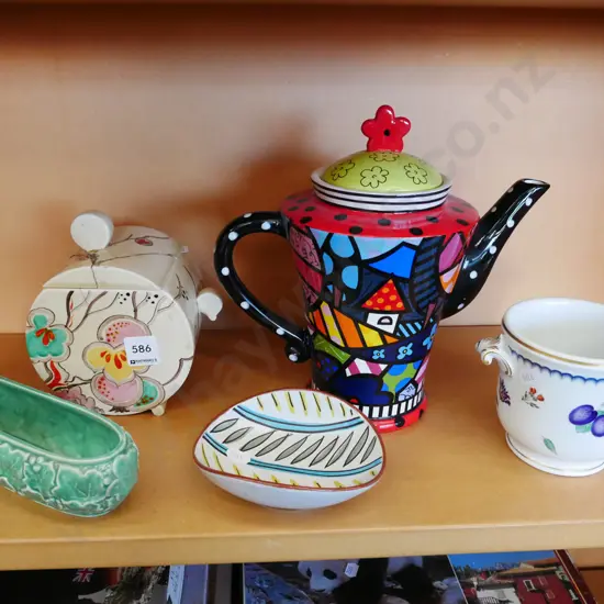 shelf; teapot, bowls, vases, Clarice Cliff canister - many repairs