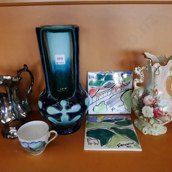 exhibition cup, ewer vase, Geraldine hand painted tiles etc Tallest vase H-300 (has repairs)