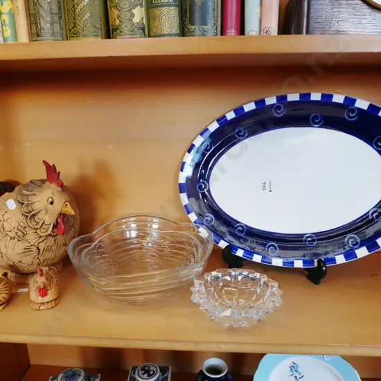 chicken pottery bowl, salt and pepper, glass bowls, ashet