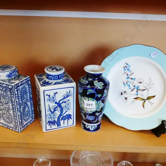 2x lidded canisters, vase, Royal Albert floral side plate