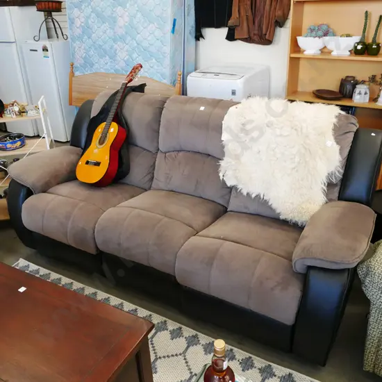 black vinyl and  brown suedette 3 seater with 2 reclining ends