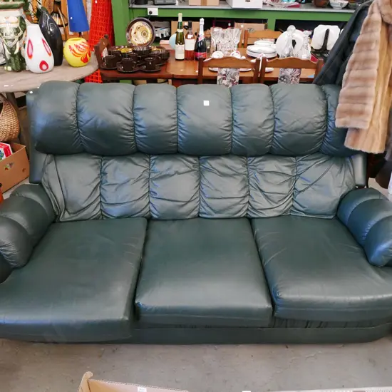 green leather upholstered rolled arm 3 seater settee 