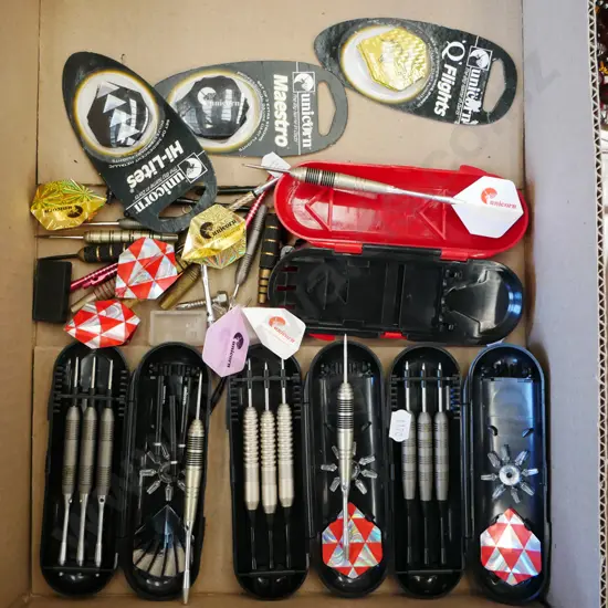 box of darts, shafts and flights