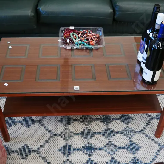 retro mdf faux wood veneer glass top coffee table H-390 W-900 D-450