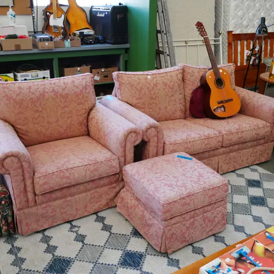 rolled arm floral patterned 3 piece lounge suite - 2 seater, single and ottoman