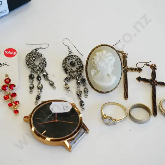 small tray; watch, rings, earrings etc