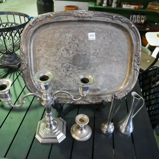 plated tray, candelabra, vases, candlestick