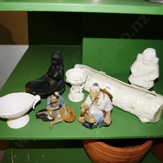 Temuka pottery log vase, mud figurine etc