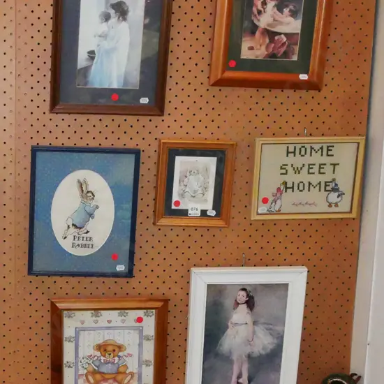7x framed children's prints and needleworks - red dots