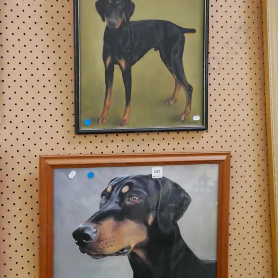 2x framed dogs - blue dots