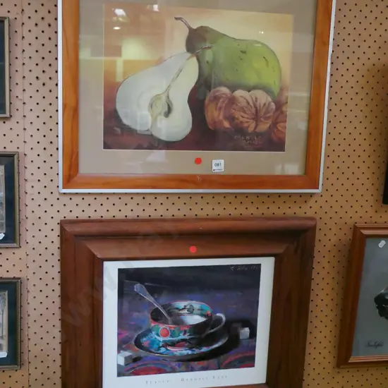 2x framed prints - fruit, tea cup - red dots