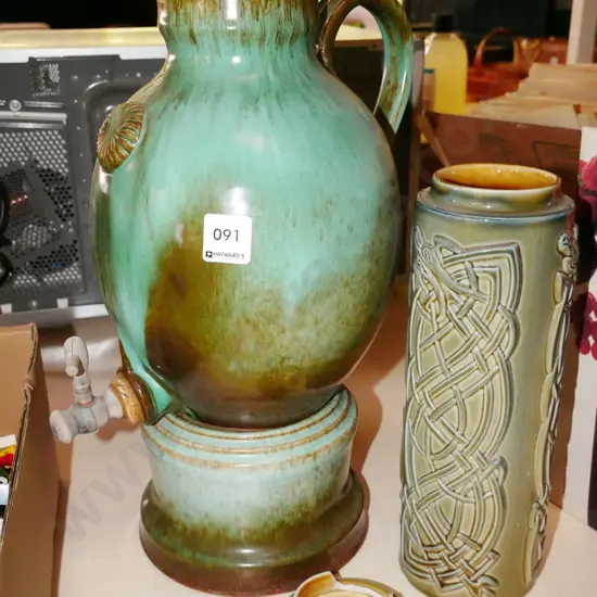 Irish porcelain lidded canister - repairs to lid, pottery water dispaenser on stand - no lid H-380