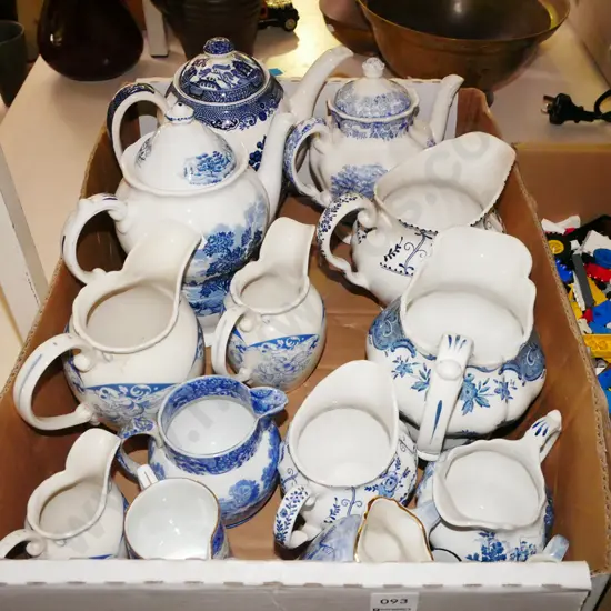 box; blue and white jugs and teapots - some cracks and chips