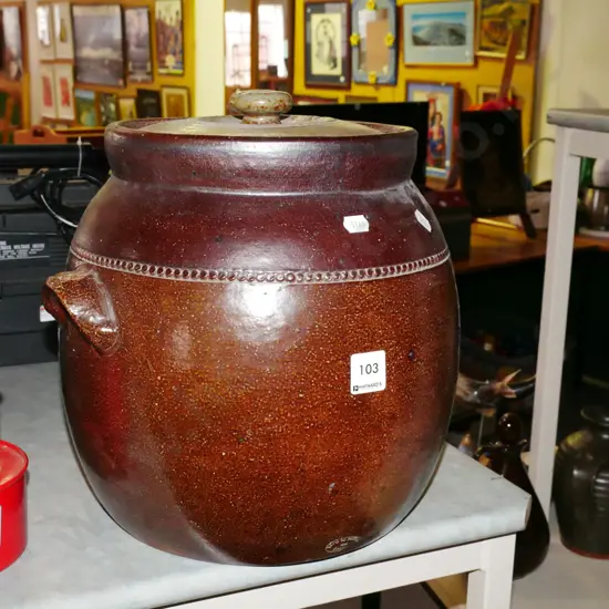 salt glazed lidded storage crock H-300