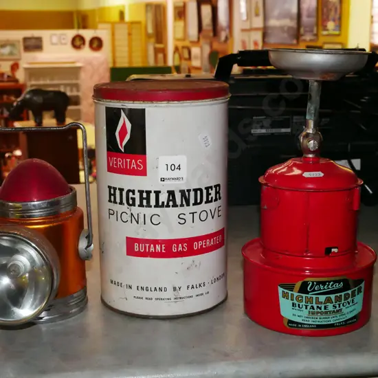 Highlander picnic stove, vintage safety lantern