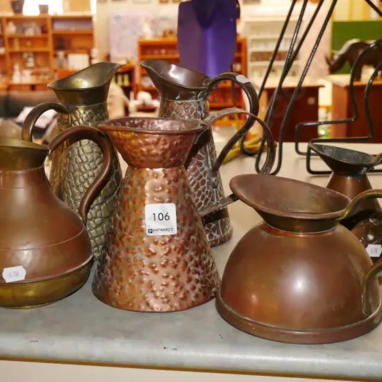 6x copper and brass jugs