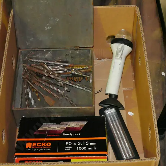 box; torches, nail gun nails, vintage tin,drill bits