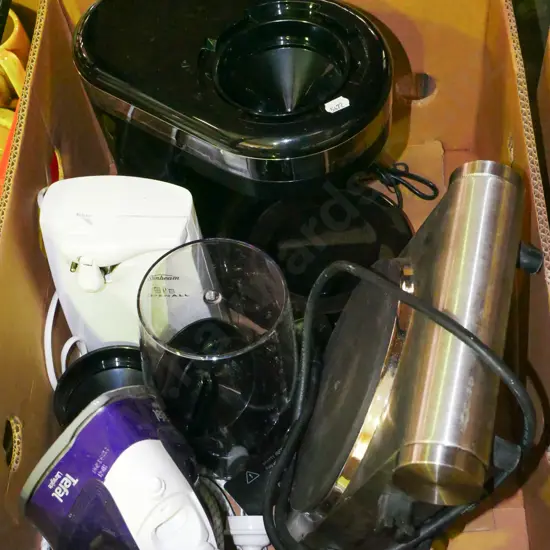 box; hot plate, can opener, iron, electric slicer