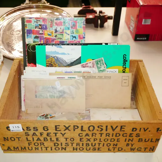 wooden ammunition crate, stamps, first day covers
