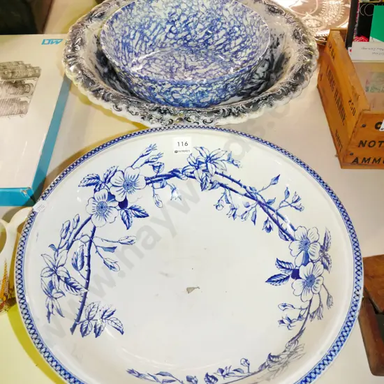3x blue and white wash bowls - some have cracks Largest Diam-420