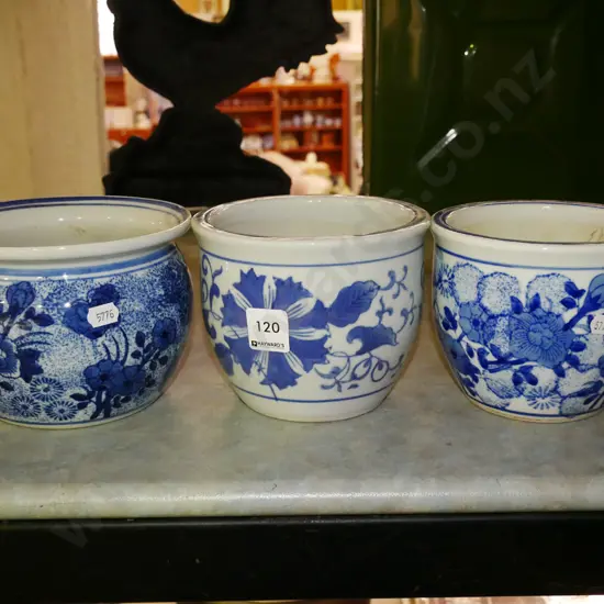 3x small blue and white garden planters
